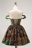 Off The Shoulder Donkergroen Brokaat Bloemen A Line Bedrukte Homecoming Jurk