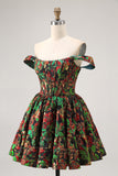 Off The Shoulder Donkergroen Brokaat Bloemen A Line Bedrukte Homecoming Jurk