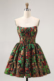 Off The Shoulder Donkergroen Brokaat Bloemen A Line Bedrukte Homecoming Jurk