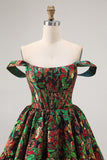 Off The Shoulder Donkergroen Brokaat Bloemen A Line Bedrukte Homecoming Jurk