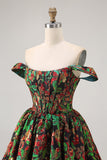 Off The Shoulder Donkergroen Brokaat Bloemen A Line Bedrukte Homecoming Jurk