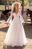 A Line Witte Diepe V-Hals Trouwjurk met Kant