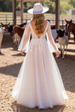 A Line Witte Diepe V-Hals Trouwjurk met Kant