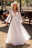 A Line Witte Diepe V-Hals Trouwjurk met Kant