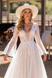 A Line Witte Diepe V-Hals Trouwjurk met Kant