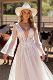 A Line Witte Diepe V-Hals Trouwjurk met Kant
