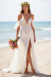 Witte A-lijn chiffon strand trouwjurk met split
