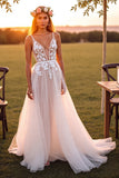 Witte A Line Sweep Train Boho trouwjurk met stoffen