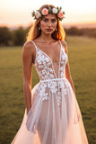 Witte A Line Sweep Train Boho trouwjurk met stoffen