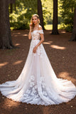 Een lijn witte Off the shoulder Sweep Train trouwjurk met kant