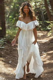 Witte Off the Shoulder Ruffle Chiffon A Line trouwjurk