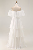 Witte Off the Shoulder Ruffle Chiffon A Line trouwjurk
