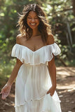 Witte Off the Shoulder Ruffle Chiffon A Line trouwjurk