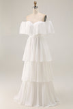 Witte Off the Shoulder Ruffle Chiffon A Line trouwjurk