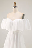 Witte Off the Shoulder Ruffle Chiffon A Line trouwjurk