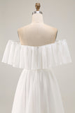 Witte Off the Shoulder Ruffle Chiffon A Line trouwjurk
