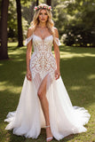 Witte Cold Shoulder Boho Sweep Train Trouwjurk met Kant