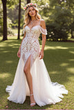 Witte Cold Shoulder Boho Sweep Train Trouwjurk met Kant