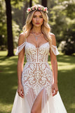 Witte Cold Shoulder Boho Sweep Train Trouwjurk met Kant