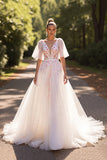 Witte Bloemen Halve Mouwen A Line Trouwjurk