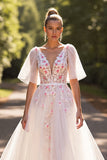 Witte Bloemen Halve Mouwen A Line Trouwjurk