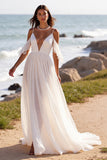A Line Witte Cold Shoulder Chiffon Beach Trouwjurk