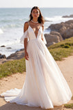 A Line Witte Cold Shoulder Chiffon Beach Trouwjurk