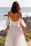 A Line Witte Cold Shoulder Chiffon Beach Trouwjurk