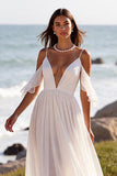 A Line Witte Cold Shoulder Chiffon Beach Trouwjurk
