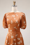 Oranje bloemenprint A-lijn midi trouwjurk met mouwen