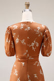 Oranje bloemenprint A-lijn midi trouwjurk met mouwen