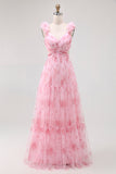 Blush Bloemen Bedrukte A Line Tule Lange Bruidsmeisjesjurk met Ruches
