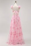 Blush Bloemen Bedrukte A Line Tule Lange Bruidsmeisjesjurk met Ruches