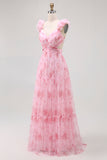 Blush Bloemen Bedrukte A Line Tule Lange Bruidsmeisjesjurk met Ruches