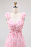 Blush Bloemen Bedrukte A Line Tule Lange Bruidsmeisjesjurk met Ruches