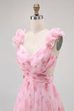 Blush Bloemen Bedrukte A Line Tule Lange Bruidsmeisjesjurk met Ruches