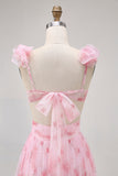 Blush Bloemen Bedrukte A Line Tule Lange Bruidsmeisjesjurk met Ruches