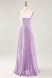 Strapless geplooide lila A-lijn lange bruidsmeisjesjurk