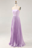 Strapless geplooide lila A-lijn lange bruidsmeisjesjurk