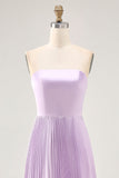 Strapless geplooide lila A-lijn lange bruidsmeisjesjurk