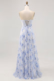 Blauwe bloemen A Line strapless geplooide lange bruidsmeisjesjurk