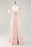 Off The Shoulder Blush Gegolfde A Line Bruidsmeisjesjurk met Split