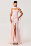 Blush A Line Ruched Strapless Chiffon Lange Bruidsmeisjesjurk met Split