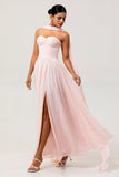 Blush A Line Ruched Strapless Chiffon Lange Bruidsmeisjesjurk met Split