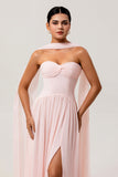Blush A Line Ruched Strapless Chiffon Lange Bruidsmeisjesjurk met Split