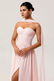 Blush A Line Ruched Strapless Chiffon Lange Bruidsmeisjesjurk met Split