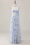 Strapless blauwe bloem A-lijn bedrukte bruiloftsjurk met split