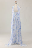 Strapless blauwe bloem A-lijn bedrukte bruiloftsjurk met split
