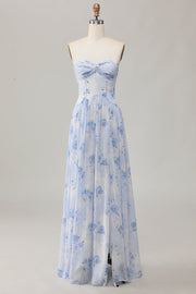 Strapless blauwe bloem A-lijn bedrukte bruiloftsjurk met split