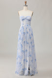 Strapless blauwe bloem A-lijn bedrukte bruiloftsjurk met split